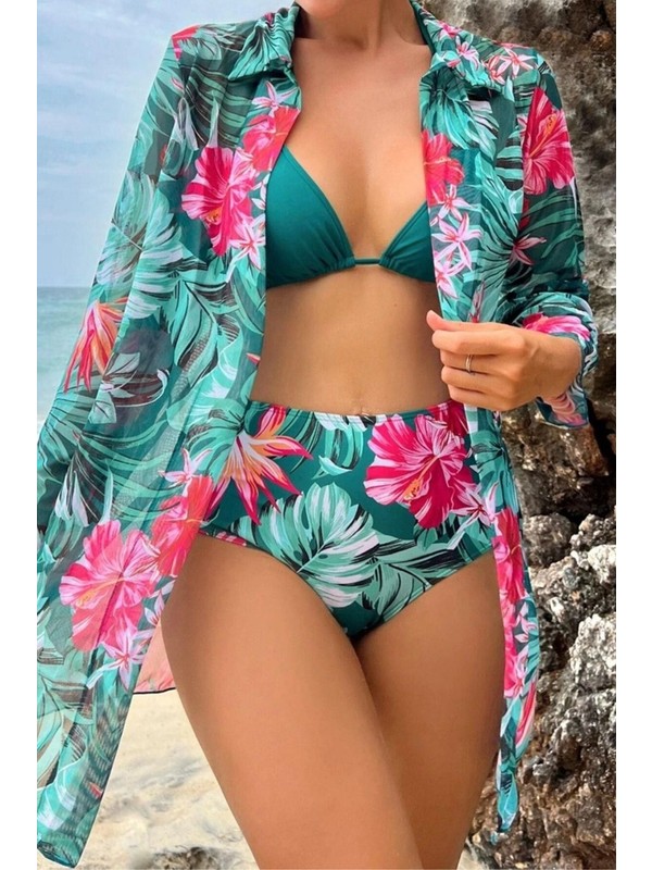3 Parça Yüksek Bel Gömlek ve Bikini Takımı