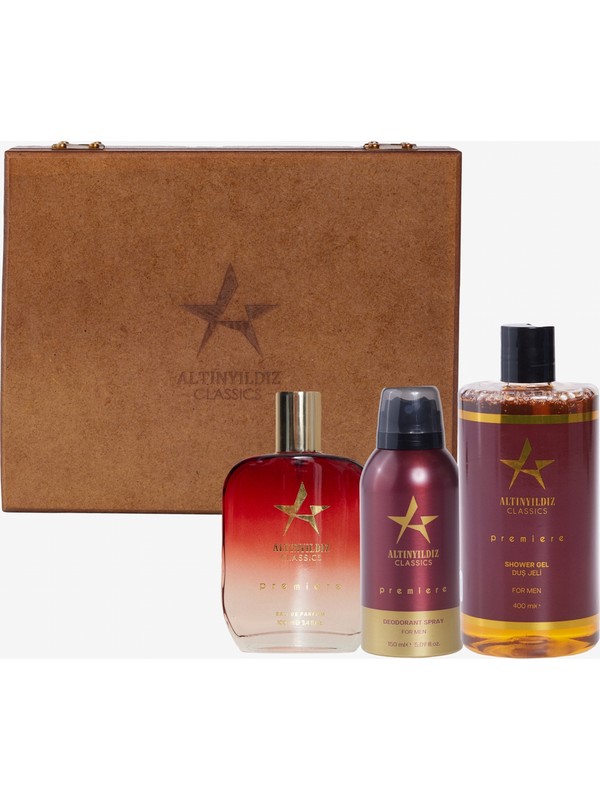 Altınyıldız Classics Erkek Premiere EDP Kalıcı Koku Parfüm-Deodorant-Duş Jeli Ahşap Kutulu Set (100 ML150 ML 400 ML)