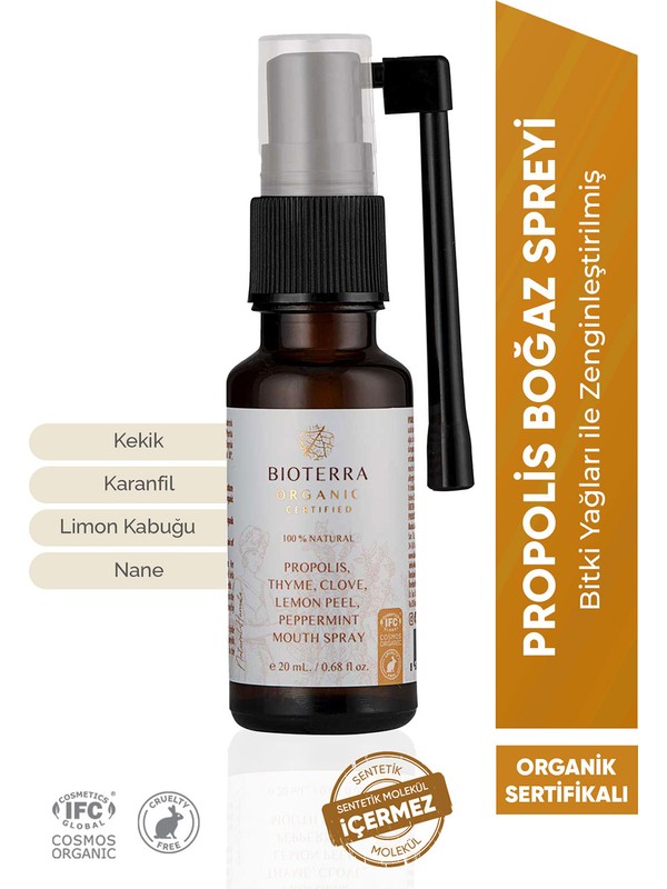 Bioterra Organik Propolis, Kekik ve Karanfil Özlü Doğal Boğaz Spreyi 20 ml – Ferahlatıcı ve Koruyucu
