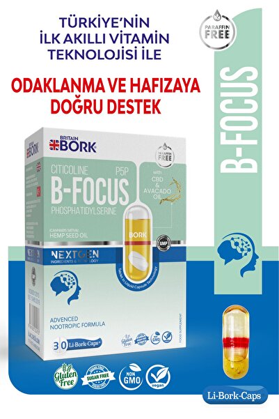 BRITAIN BORK B-FOCUS 30 Likit Kapsül Stikolin İçeren Konsantrasyon ve Dikkat Eksikliği Destekleyici Vitamin