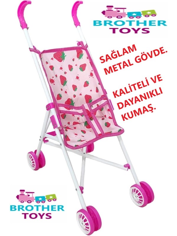 Brother Toys Çilek Desenli Metal Katlanabilir Bebek Arabası Puset Beyaz Pembe Renkli