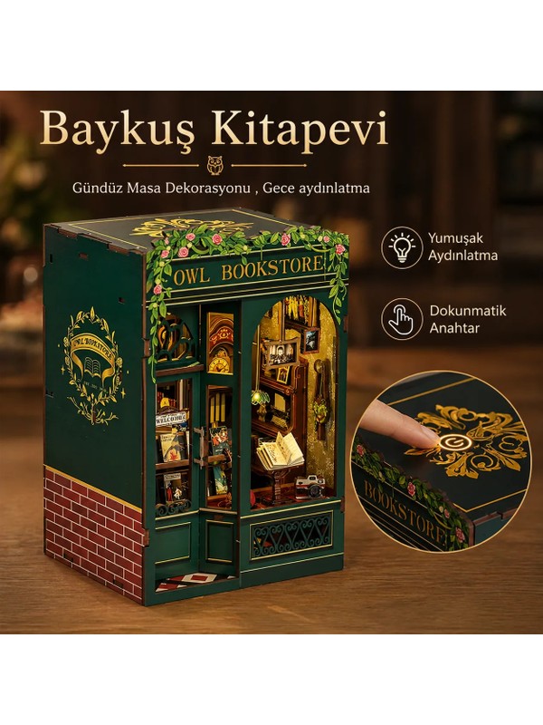Emirgan Owl Bookstore Book Nook DIY Kit – Ahşap Minyatür Kitaplık Dekoru, LED Işıklı Kendin Yap Hobi Seti