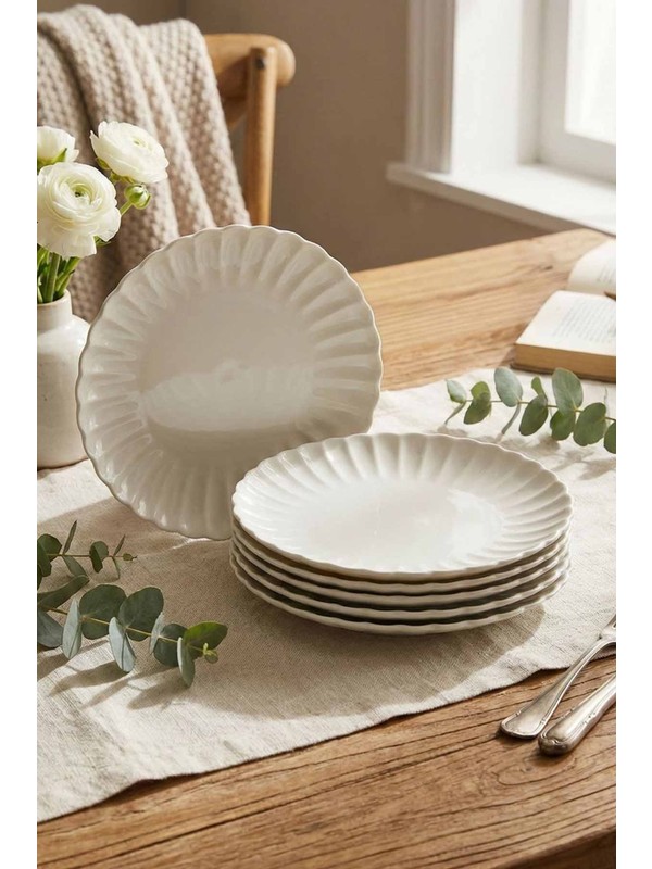 Kütahya Porselen Luz 21 cm Yuvarlak Pasta Tabağı 6 Parça Bulaşık Makinesinde Yıkanabilir Şık Desen