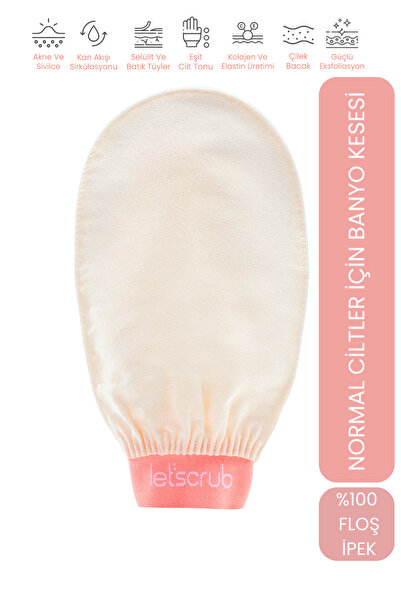 LET’SCRUB 1 Adet Ekru Banyo Duş Kesesi Peeling Eldiveni %100 Floş Ipek Normal Ciltler Için