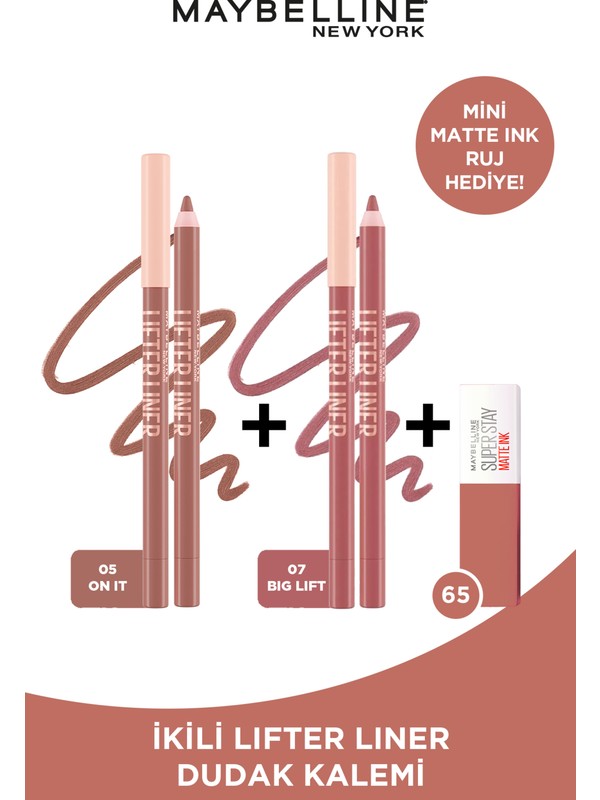 Maybelline New York Lifter Nude Tonlu Dudak Dudak Kalemi- 05 On It On It + Lifter Liner Pembe Tonlu Dudak Kalemi- 07 Big Lift  +  Mini Matte Ink Seductress Maskara Hediyeli