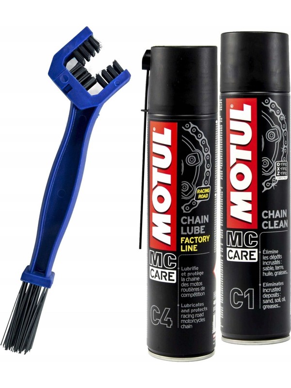 Motul Motosiklet Zincir Bakım Seti C1 Temizleme Spreyi C4 Yağlayıcı ve Fırça Tüm Zincir Tipleri İçin