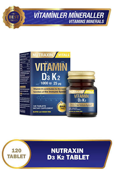 Nutraxin D3K2 120 Tablet – 1000 IU D3 + 25 mcg K2 Vitamini İçeren Takviye