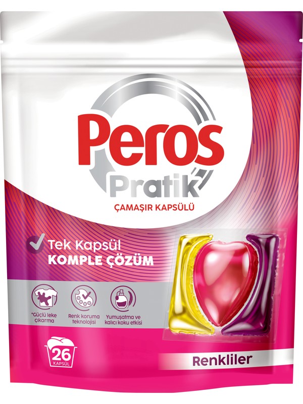 Peros Pratik Renkliler 26’lı Çamaşır Kapsülü Güçlü Leke Çıkarma ve Kalıcı Koku Etkisi