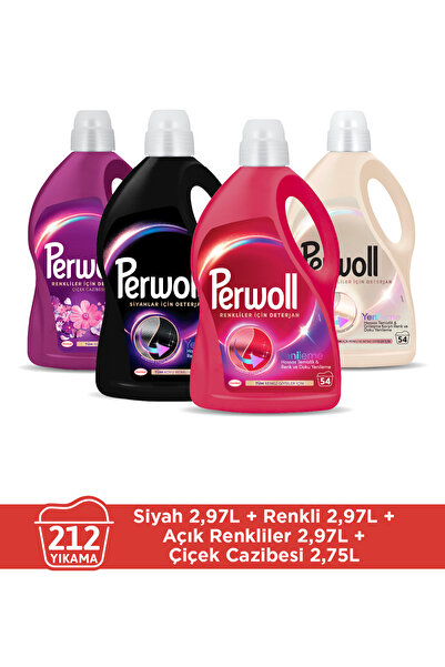 Perwoll Hassas Sıvı Çamaşır Deterjanı 4 x 2.97 (195 Yıkama) Siyah+Renkli+Açık Renkliler+Çiçek Cazibesi