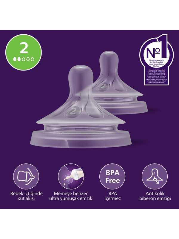 Philips Avent Doğal Tepkili 2’li Biberon Emziği, 2 Numara, SCY962/02