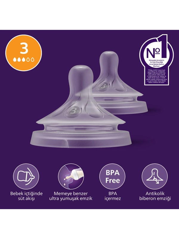 Philips Avent Doğal Tepkili 3 Numara Silikon Biberon Emziği 0+ Ay Orta Akış 2’li Paket SCY963/02