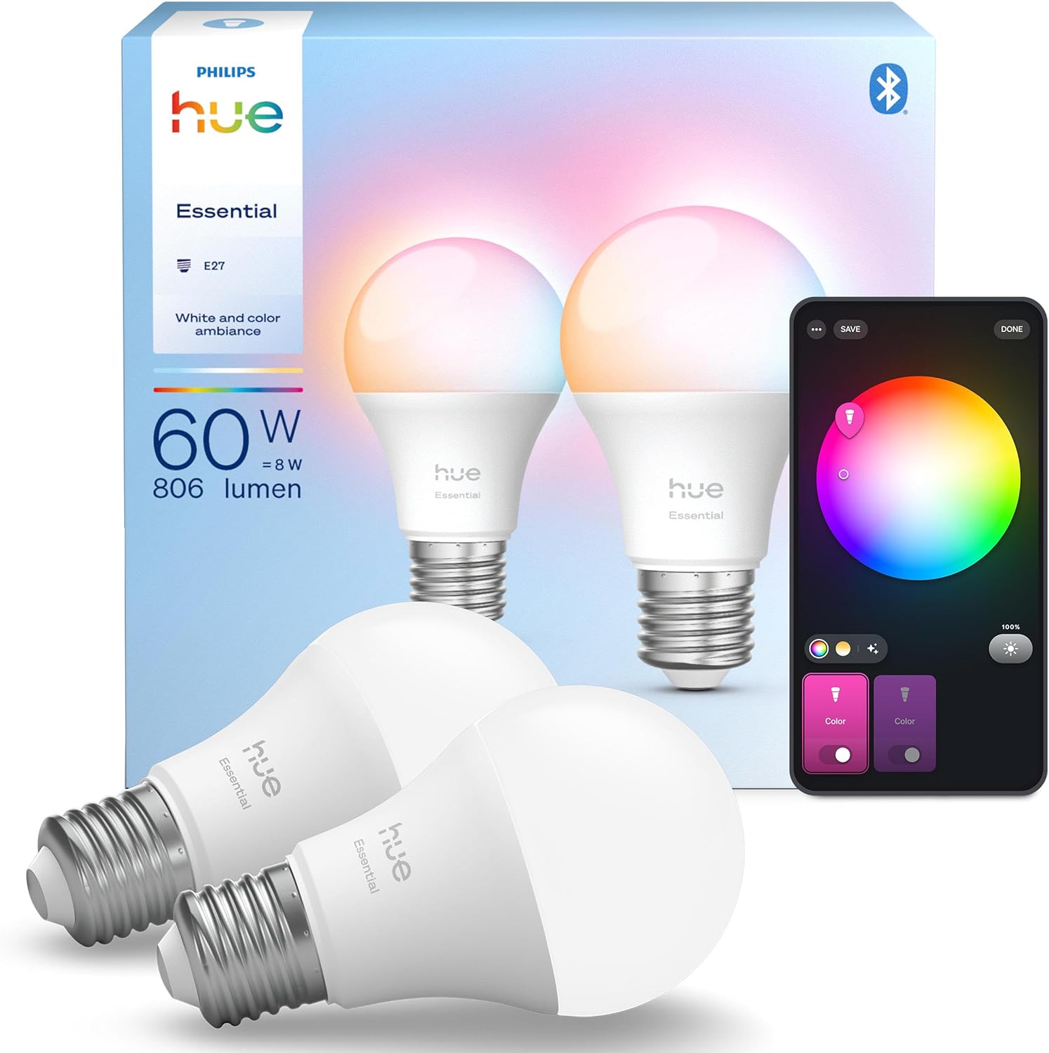 Philips Hue Essential 8W E27 806 Lumen Renkli Akıllı Ampul A60