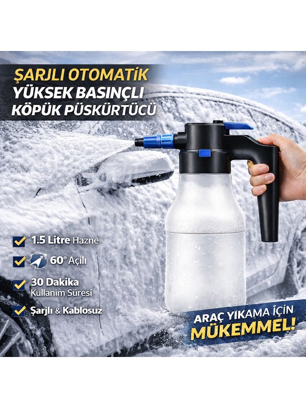 Polham Şarjlı Otomatik 1.5 Litre Yüksek Basınçlı Araç Yıkama Köpük Püskürtücü El Pompası, Otomobil Temizleme Pompası
