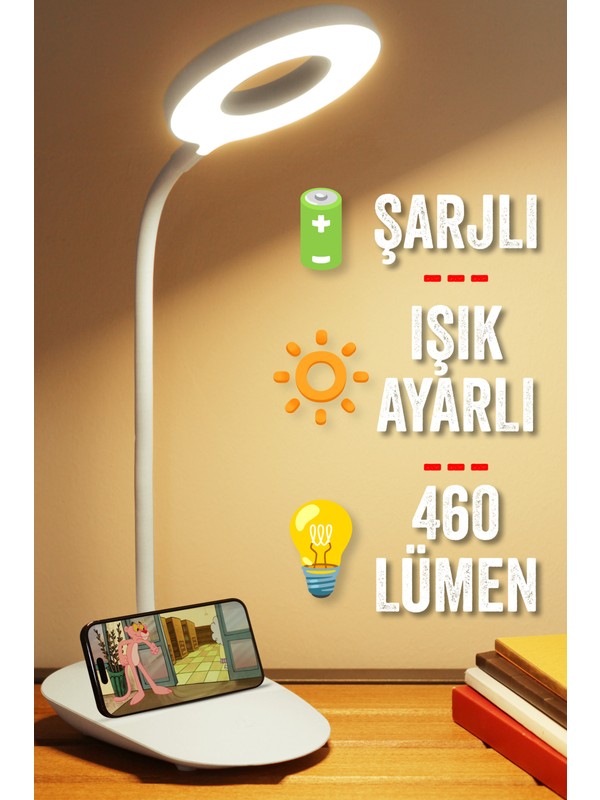 Telvesse Şarjlı Masa Lambası Dokunmatik 3 Renk 24 LED Telefon Standlı Kademeli Çalışma Okuma Işığı Gece Lambası