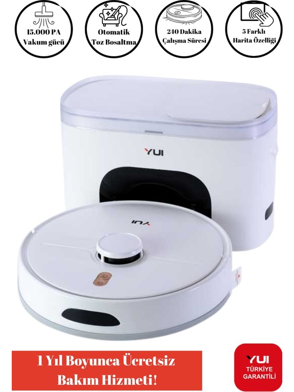 Yui RS16 Pro 15.000 Pa Akıllı Robot Vacuum & Mop Süpürge Beyaz Toz Boşaltma Özellikli (YUI TÜRKİYE GARANTİLİ)