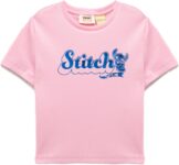Stitch Lisanslı Bisiklet Yaka Kısa Kollu Pamuklu Baskılı Crop Tişört