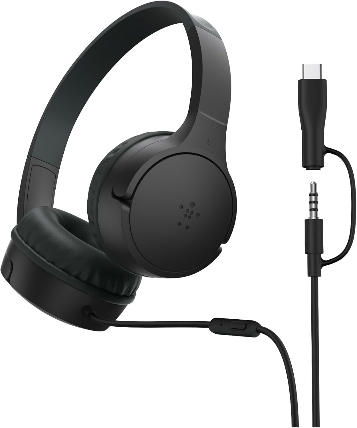 Belkin SoundForm Mini Kids Kablolu Kulaklık (Siyah) – USB-C + 3,5 mm Adaptör, Dahili Mikrofon, 85 dB Ses Sınırı, Eğlenceli Çıkartmalar, iPhone, iPad, Galaxy Uyumlu